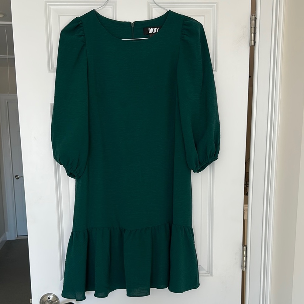 DKNY Green Ruffled Tiered Dress with Puff Sleeves